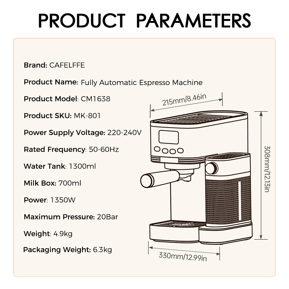 CAFELFFE Automatic Espresso Coffee Machine with Milk Frother MK801